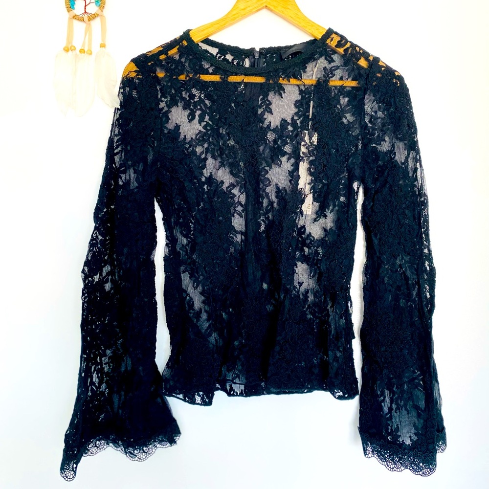 Line & Dot Black Top, Flared Long Sleeves Size S